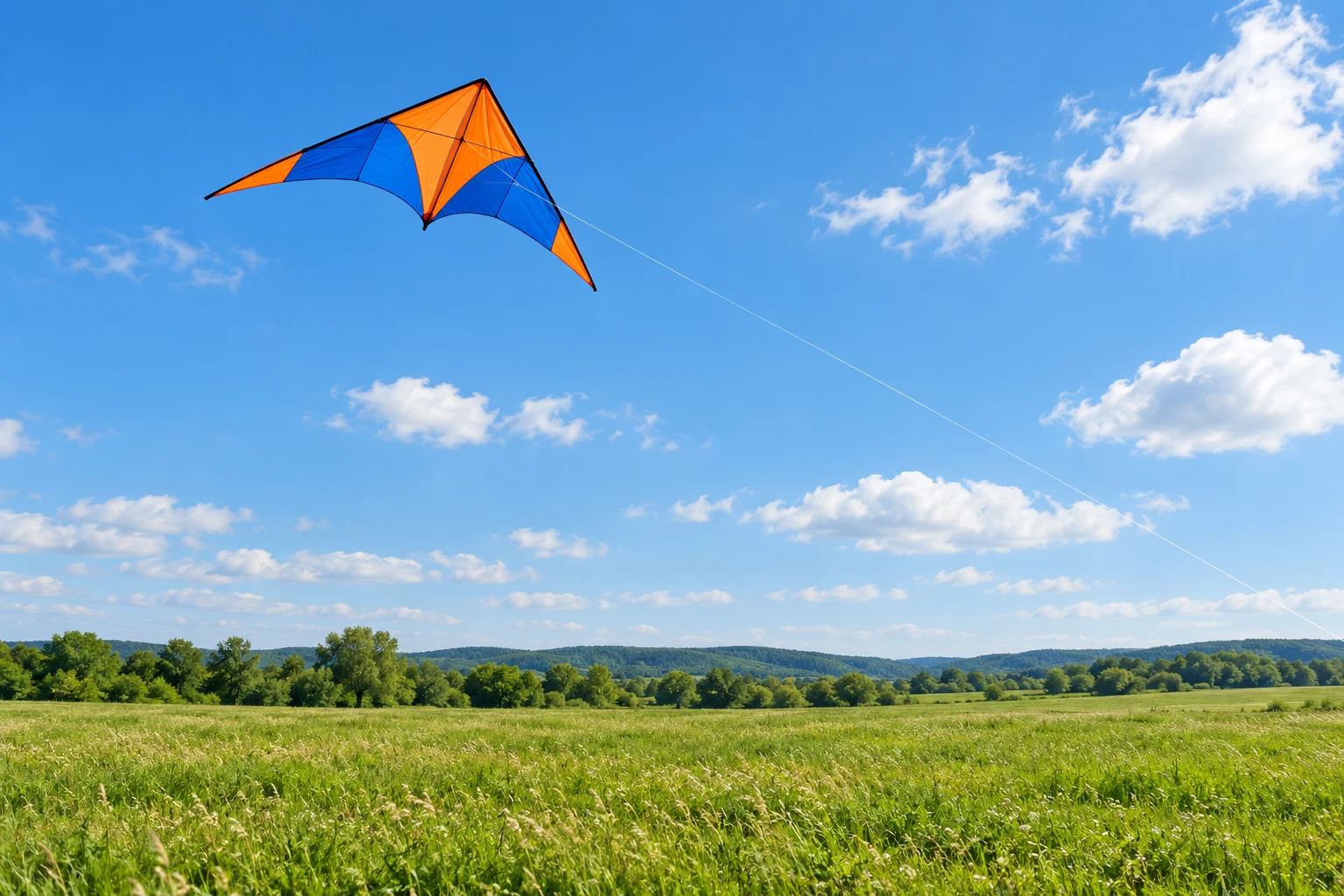 A colourful kite flying over an open field